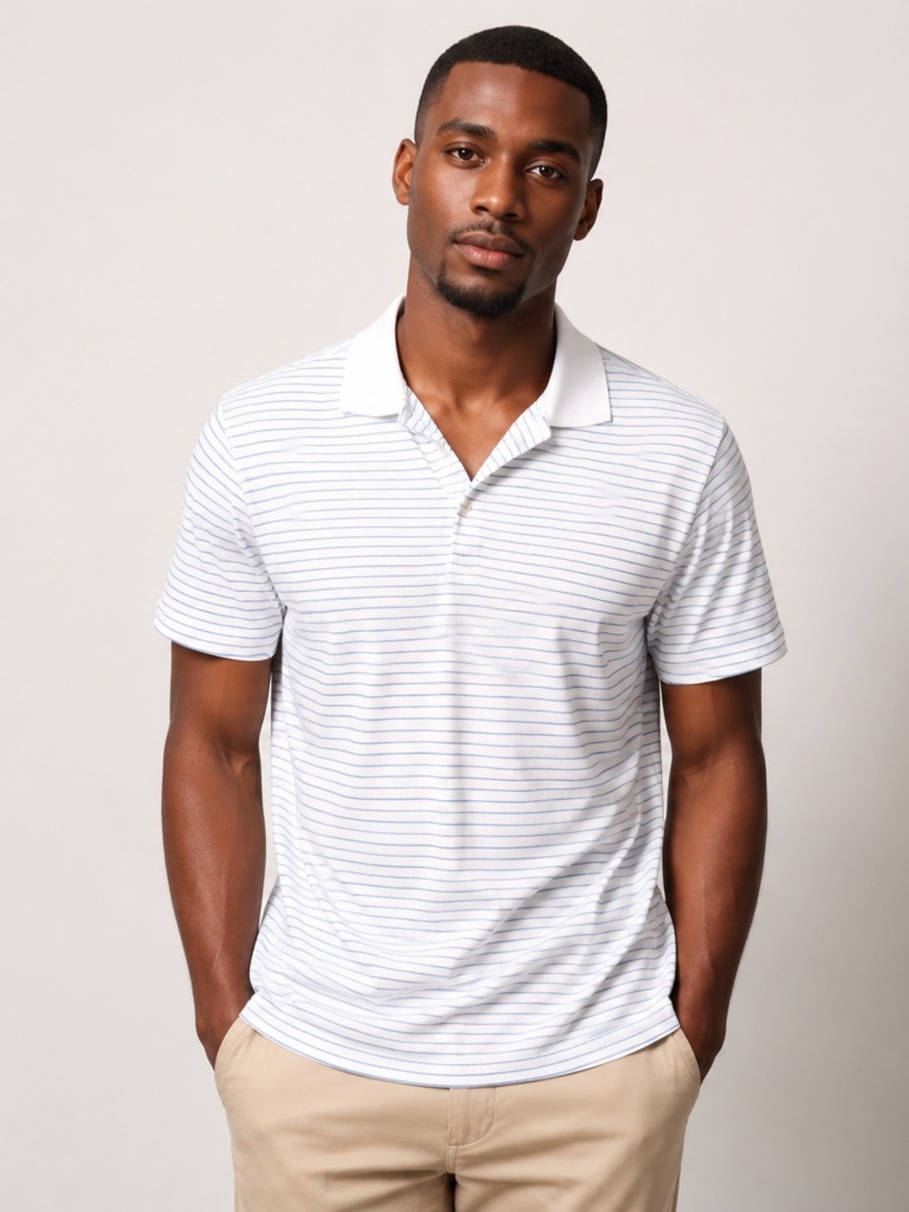 Peter Millar Men's White Polo with Thin Navy Stripes L